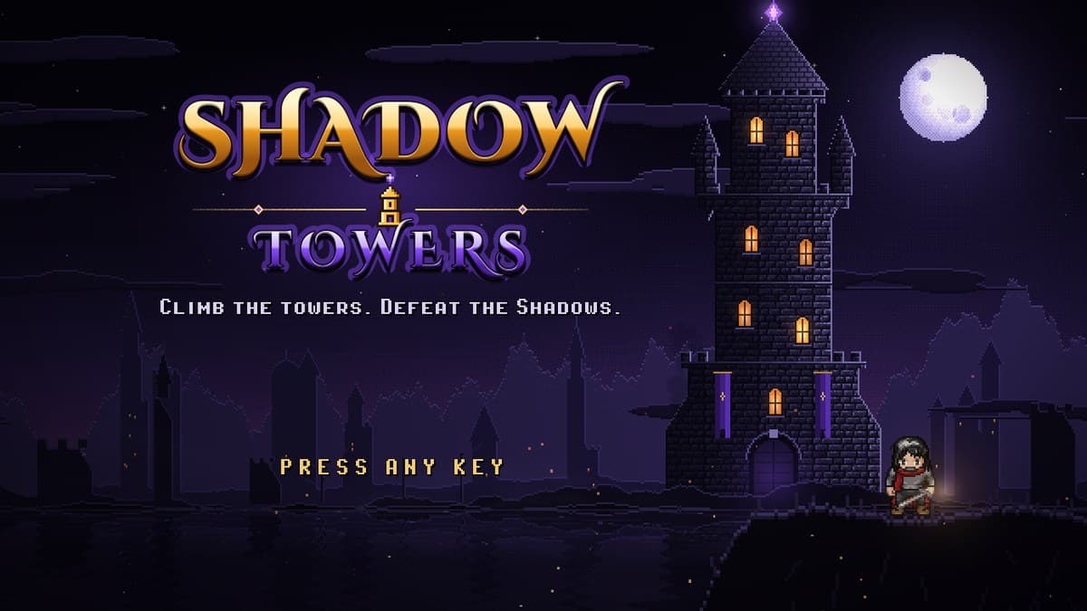 Shadow Towers key art: the gold and violet logo with the tagline "Climb the towers. Defeat the Shadows." beside a dark tower with lit windows under a full moon, and the dark-haired hero, sword in hand, at its foot.