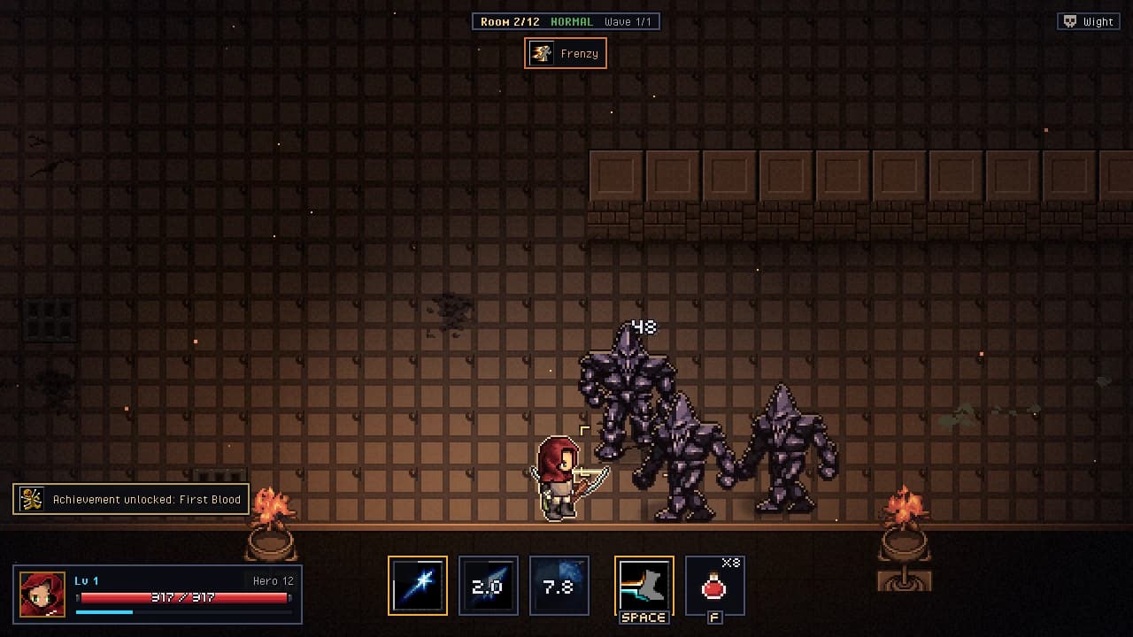 The red-hooded Ranger draws a bow against three dark crystalline wights in a stone hall, with a damage number, an achievement notice and the skill bar at the bottom.