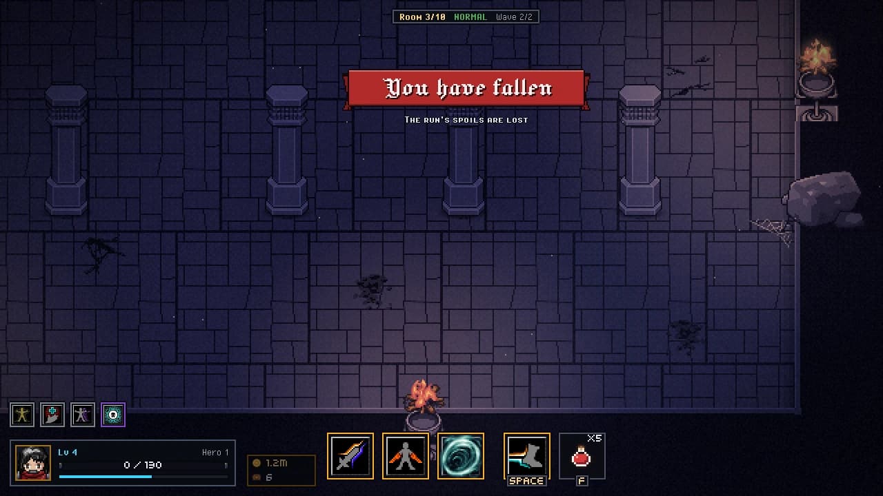 "You have fallen. The run's spoils are lost" banner over a dark stone hall with pillars; the hero's health bar is empty and the run-bag plate is greyed out.