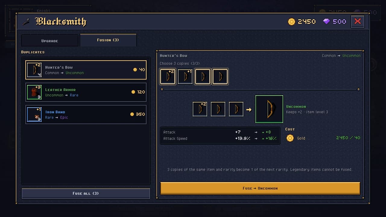 Blacksmith on the Fusion tab: a list of duplicate items, three Hunter's Bows selected and a preview of the Uncommon bow they fuse into, with its stat changes and gold cost.