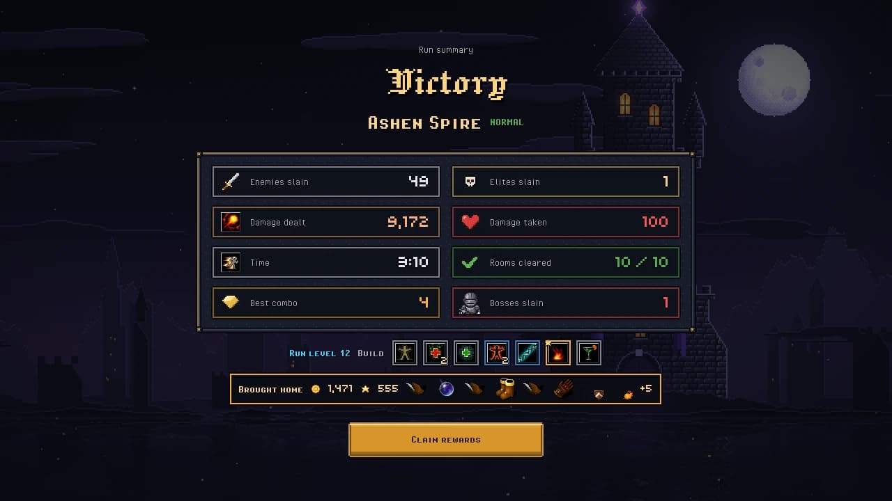 Run summary after a victory on Ashen Spire: enemies and elites slain, damage dealt and taken, time, rooms cleared, best combo and bosses slain, the run's build and the gold, XP and items brought home.