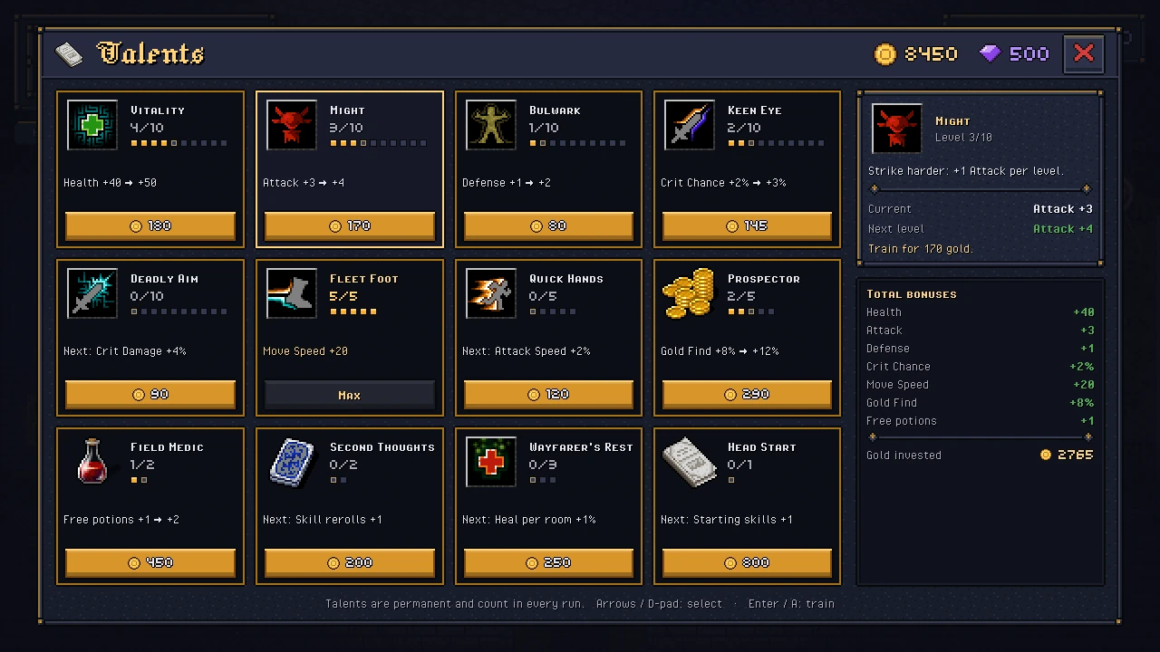 Talents screen: a grid of twelve talents such as Vitality, Might, Bulwark, Keen Eye and Prospector, each with its level, next bonus and gold price, and a side panel with the selected talent and the total bonuses.