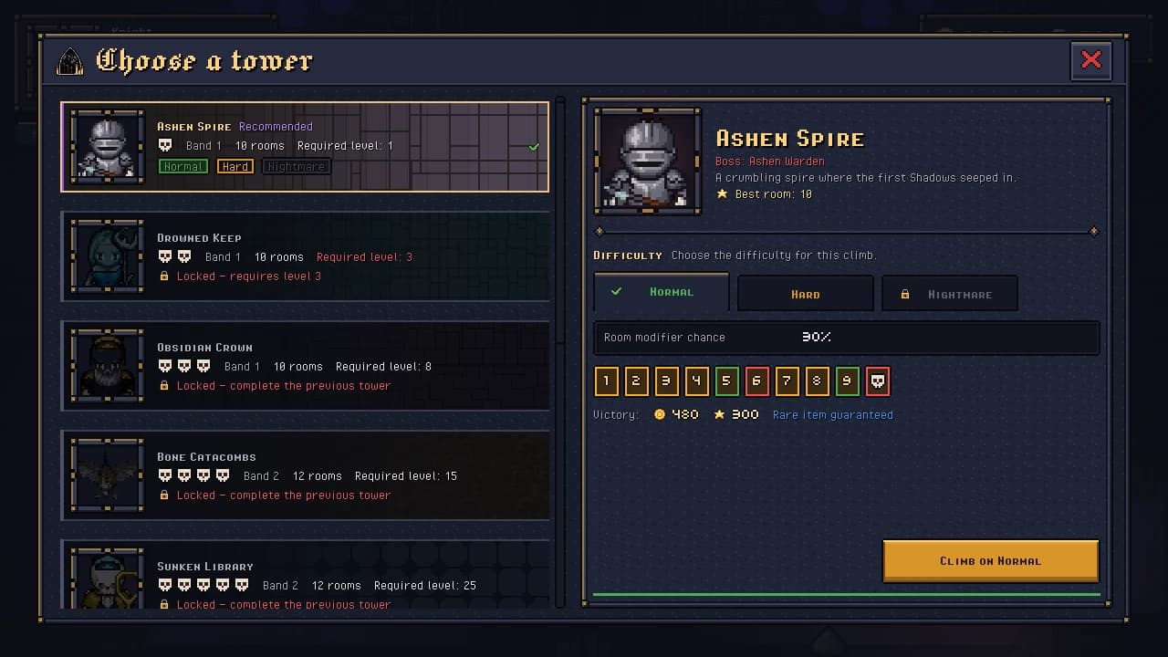 Choose a tower screen: Ashen Spire recommended and open, the next towers locked by level, and Ashen Spire's details with its boss, the Normal, Hard and Nightmare tabs, the strip of rooms and the victory reward.