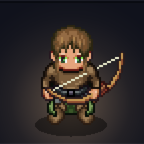 Pixel-art Ranger in green and brown leathers, holding a wooden bow
