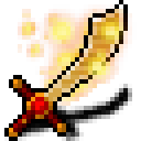 Pixel-art Flameblade, a golden scimitar trailing embers