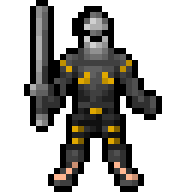Pixel-art hero in dark plate armour with gold trim, holding a sword